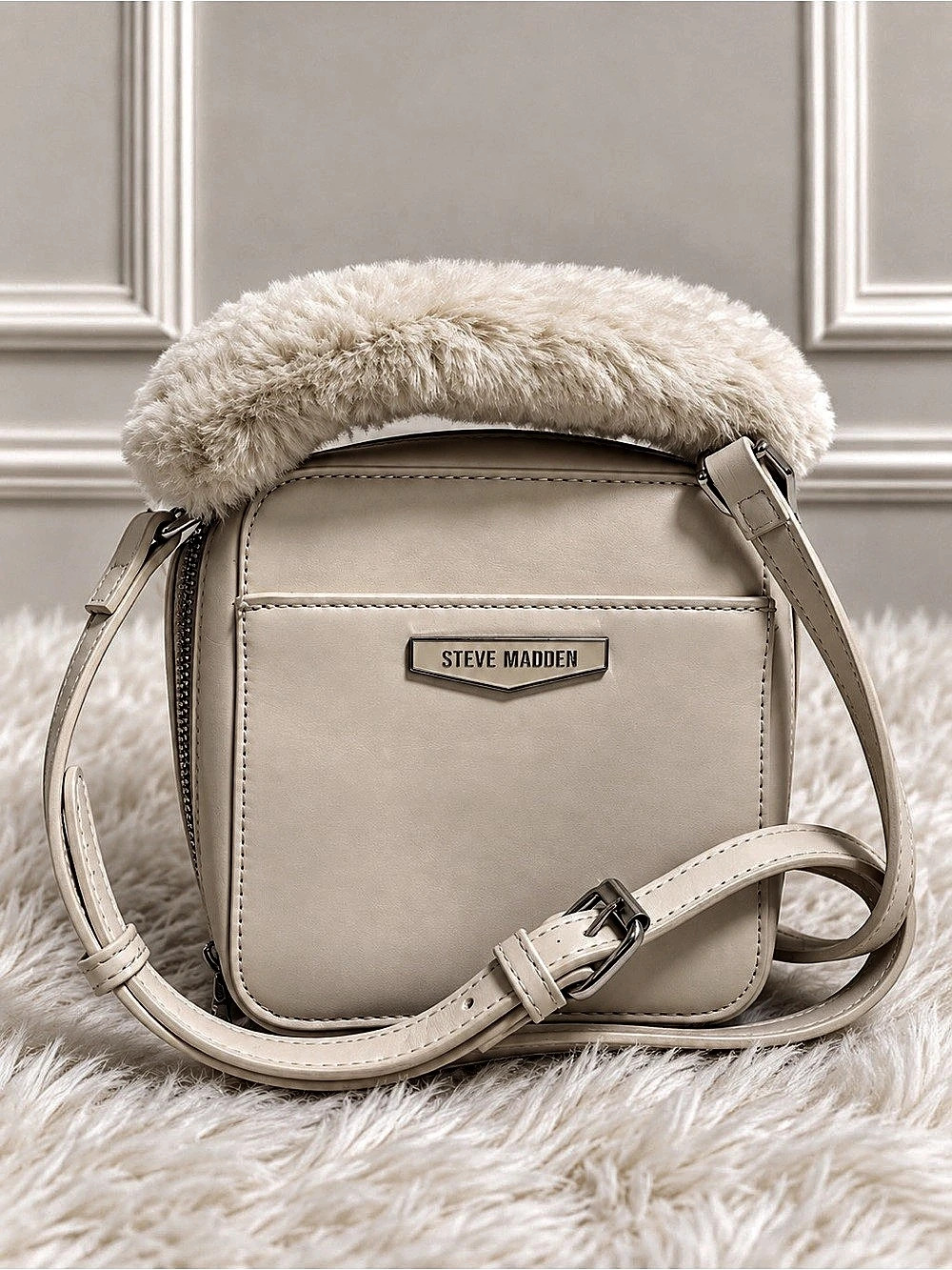 Steve Madden Boxy Crossbody Bag with Cream Faux Fur Handle NWT